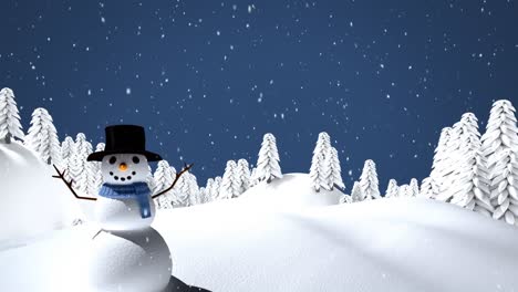 Animation-of-white-christmas-snow-falling-over-blue-sky-and-snowman-in-winter-landscape