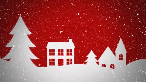 Animation-of-white-christmas-snow-falling-over-white-buildings-and-trees-with-red-sky