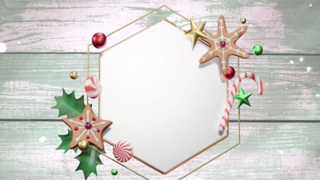 Animation-of-snow-falling-over-christmas-decorations-around-white-hexagonal-sign-on-wooden-boards