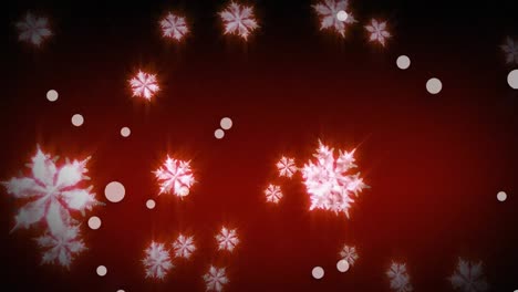 Animation-Von-Weihnachtlichen-Lichtflecken-Und-Schnee,-Die-Auf-Roten-Hintergrund-Fallen