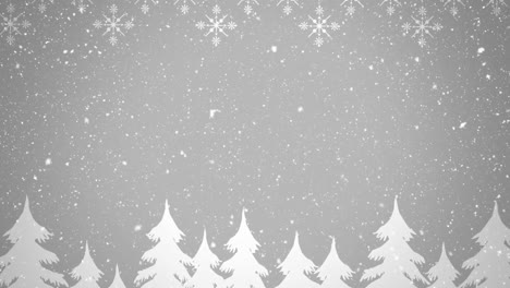 Animation-Von-Weißem-Weihnachtsschnee,-Der-über-Bäume-In-Einer-Winterlandschaft-Mit-Grauem-Himmel-Fällt