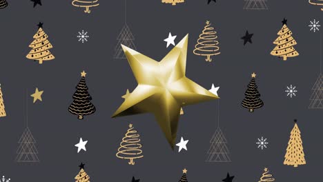 Animation-of-3d-gold-star-moving-over-stars-and-christmas-trees-on-dark-grey-background