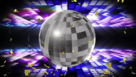 Animation-of-gold-confetti-falling-over-mirror-ball-and-purple-and-blue-disco-lights