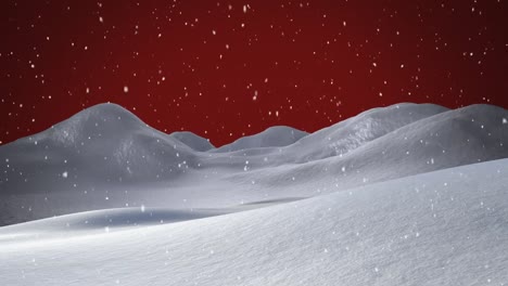 Animation-of-christmas-snow-falling-over-red-sky-and-winter-landscape