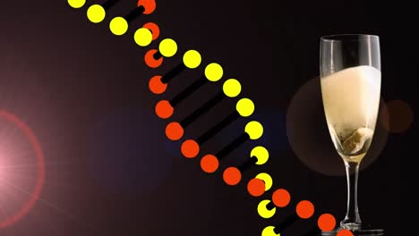Animation-of-dna-strand-over-glass-of-champagne-and-light-trails-on-black-background