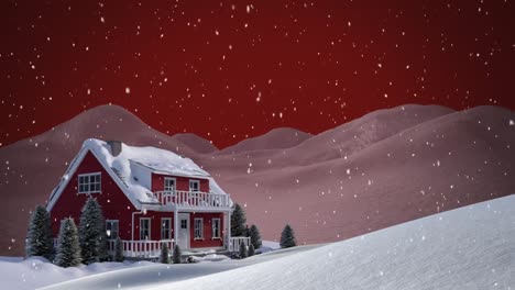 Animation-Von-Weihnachtsschnee,-Der-über-Haus-Und-Bäume-In-Einer-Winternachtlandschaft-Mit-Rotem-Himmel-Fällt