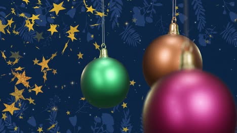 Animation-of-shiny-christmas-baubles-with-floating-gold-stars-on-dark-blue-background