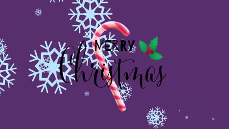 Animation-of-merry-christmas-text-over-candy-cane-and-blue-snowflakes-on-purple-background