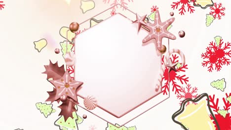 Animation-Eines-Sechseckigen-Leeren-Weißen-Schildes-über-Fallenden-Weihnachtsdekorationen-Auf-Weißem-Hintergrund