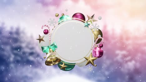 Animation-of-snow-falling-over-christmas-decorations-around-white-circular-sign-on-winter-landscape