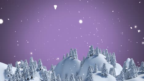 Animation-Von-Weihnachtsschnee,-Der-über-Bäume-In-Einer-Winterlandschaft-Und-Einem-Violetten-Himmel-Fällt