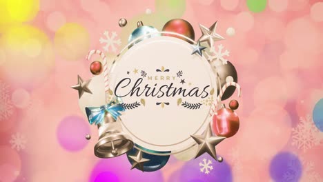 Animation-Des-Textes-„Frohe-Weihnachten“-Auf-Einem-Runden-Schild-Mit-Dekorationen-über-Bunten-Lichtpunkten