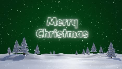 Animation-of-merry-christmas-text-in-white-neon-with-snow-falling-over-winter-night-landscape