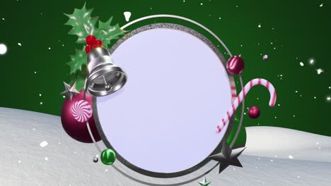 Animation-of-snow-falling-over-christmas-decorations-around-white-circular-sign,-green-sky-and-snow
