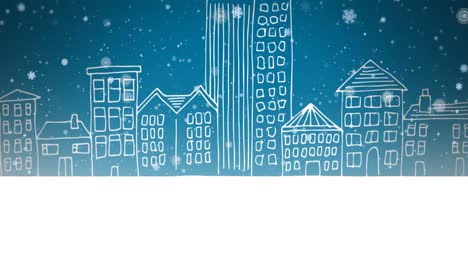 Animation-Von-Weißen-Weihnachtsschneeflocken,-Die-über-Den-Blauen-Himmel-Fallen,-Mit-Weißem-Stadtbild