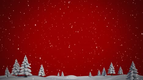 Animation-Von-Weihnachtsschnee,-Der-über-Den-Roten-Himmel-Fällt,-Und-Schneebedeckten-Bäumen-In-Der-Winterlandschaft