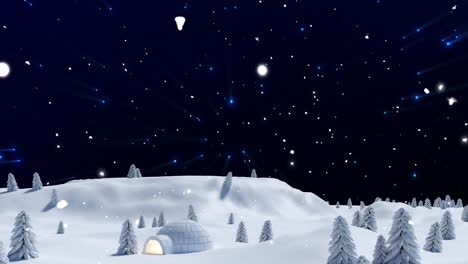 Animation-of-blue-lights-and-christmas-snow-falling-in-night-sky-over-winter-landscape-with-igloo