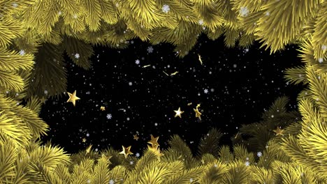 Animación-De-Estrellas-Doradas-Que-Caen-Y-Copos-De-Nieve-Blancos-Con-Fondo-Negro-Y-Borde-De-árbol-De-Navidad