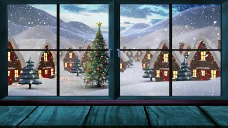 Animation-of-window-and-snow-falling-over-cottages-and-christmas-tree-in-winter-landscape