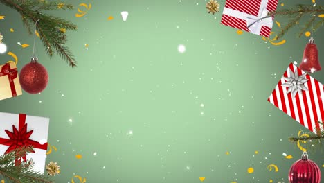 Animation-of-white-stars-over-christmas-decorations-and-presents-on-green-background-with-copy-space