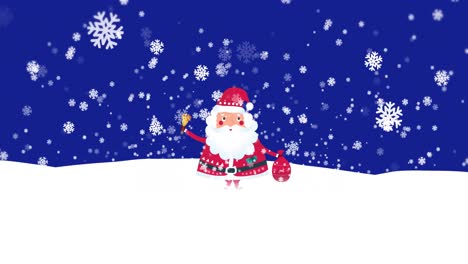 Animation-of-white-snowflakes-falling-over-father-christmas-standing-in-snow-holding-sack-and-bell