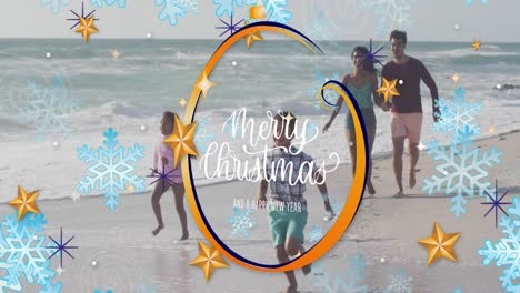 Animation-of-merry-christmas-over-happy-hispanic-family-running-on-beach