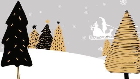 Animation-Fallender-Weißer-Schneeflocken-Und-Des-Weihnachtsschlittens-Des-Weihnachtsmanns-Mit-Bäumen-In-Der-Winterlandschaft