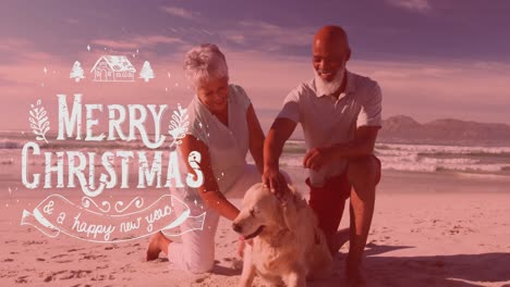 Animation-of-merry-christmas-and-new-year-text-over-happy-diverse-senior-couple-with-dog-on-beach