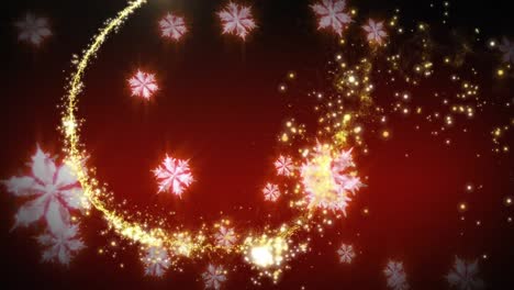 Animation-of-snowflakes-and-light-spots-on-red-background