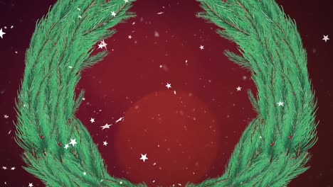 Animation-Von-Weißen-Sternen,-Die-über-Den-Weihnachtskranz-Auf-Dunkelrotem-Hintergrund-Fallen