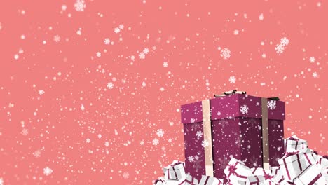 Animation-of-white-snowflakes-falling-over-christmas-gifts-and-pink-background