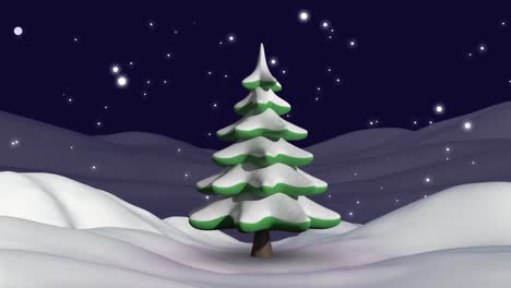 Animation-of-snow-falling-over-rotating-christmas-tree-in-winter-landscape