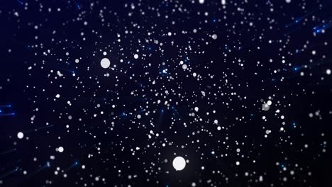 Animation-of-christmas-snow-falling,-with-blue-lights-on-black-background