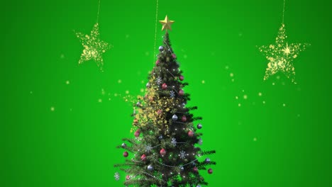 Animation-of-gold-stars-swinging-over-decorated-christmas-tree-on-green-background