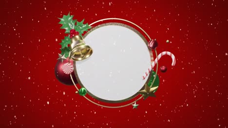 Animation-of-snow-falling-over-christmas-decorations-around-white-circular-sign-on-red-background
