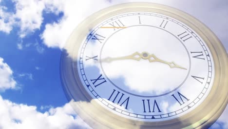 Animation-of-happy-new-year-text-over-clock-moving-fast-on-clouds-background