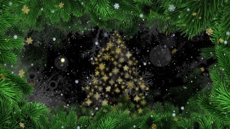 Animation-of-falling-snowflakes-over-tree-of-gold-stars-and-snowflakes-and-christmas-tree-border