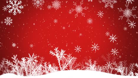 Animation-Von-Weißem-Weihnachtsschnee-Und-Schneeflocken,-Die-über-Pflanzen-Auf-Rotem-Hintergrund-Fallen