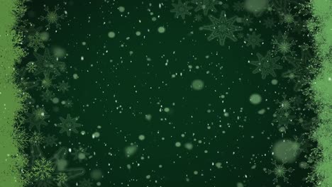 Animation-of-white-christmas-snow-falling-over-lights-spots-and-snowflakes-on-green-background