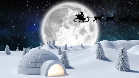Animation-of-christmas-snow-falling-over-full-moon,-santa's-sleigh-and-winter-night-scene-with-igloo
