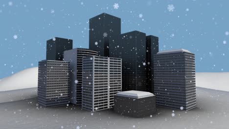 Animación-De-Copos-De-Nieve-Navideños-Cayendo-Sobre-Edificios-Modernos-Y-Cielo-Azul