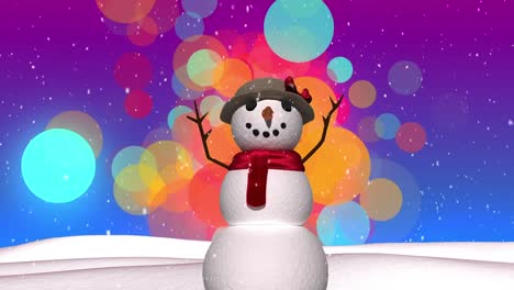 Animation-Von-Bunten-Weihnachtslichtpunkten-Und-Schnee,-Der-über-Einen-Lächelnden-Schneemann-Fällt