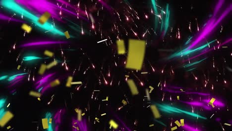 Animation-of-gold-christmas-confetti-and-colored-lights-over-new-year-fireworks-in-night-sky