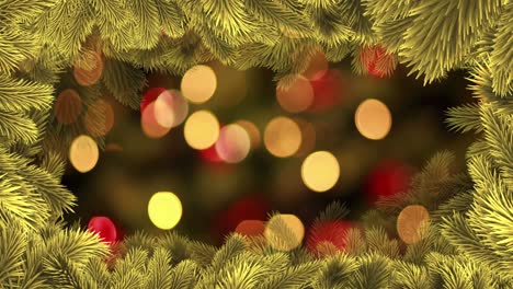 Animation-of-defocussed-flashing-red-and-yellow-fairy-lights-with-christmas-tree-border