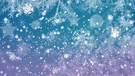 Animation-of-white-snowflakes-falling-over-white-christmas-decorations-and-blue-background