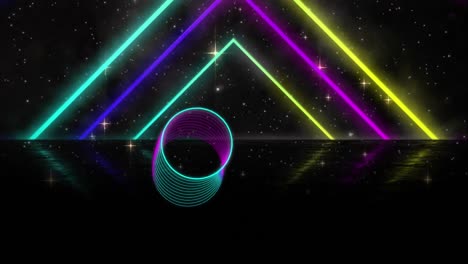 Animation-of-rotating-neon-ring-and-colourful-neon-lines-over-night-sky