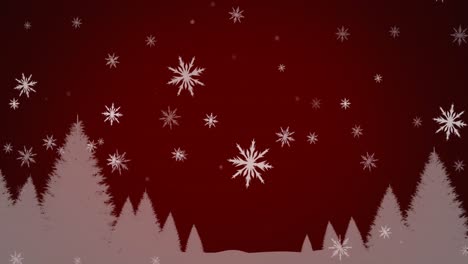 Animation-of-white-christmas-snowflakes-falling-over-grey-trees-on-dark-red-background