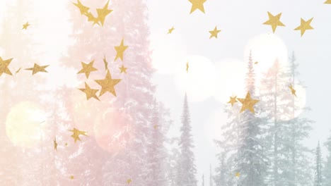 Animation-Von-Goldenen-Weihnachtssternen,-Die-über-Sonnenbeschienene-Bäume-In-Der-Winterlandschaft-Fallen