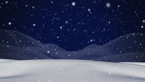 Animation-Von-Weißen-Weihnachtsschneeflocken,-Die-über-Den-Blauen-Nachthimmel-Und-Die-Winterlandschaft-Fallen