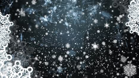 Animation-Von-Weißen-Weihnachtsschneeflocken,-Die-In-Den-Nachthimmel-Fallen,-Mit-Schneeflockenrändern